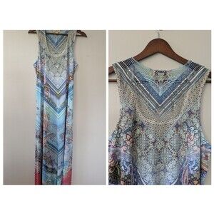 One World Maxi Dress Large Butterfly Lace Back Boho Artsy Tapestry Colorful Blue